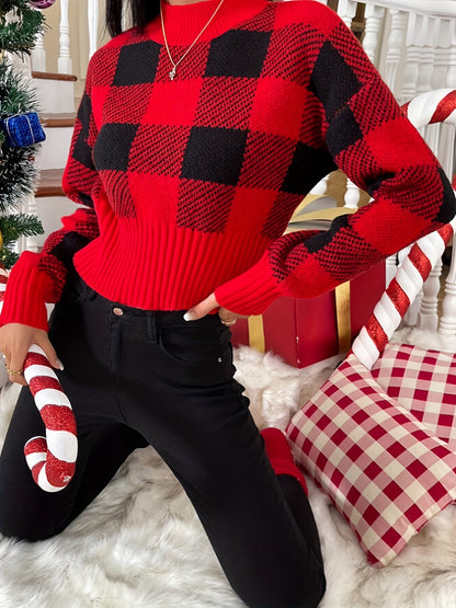 vlovelaw Christmas Plaid Mock Neck Pullover Sweater, Casual Cinched Waist Long Sleeve Sweater, Women's Clothing