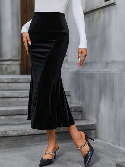 vlovelaw Solid Color Fishtail Hem Long Skirt, Elegant Loose Maxi Skirt For Fall & Winter, Women's Clothing
