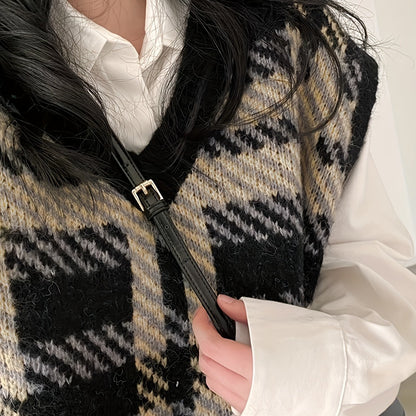 vlovelaw  Plaid Pattern V Neck Knit Vest, Vintage Long Sleeve Loose Sweater Vest, Women's Clothing