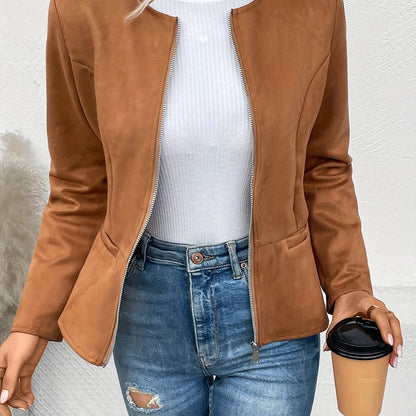 vlovelaw Solid Zip Up Jacket, Casual Long Sleeve Crew Neck Outerwear For Spring & Fall, Women's Clothing