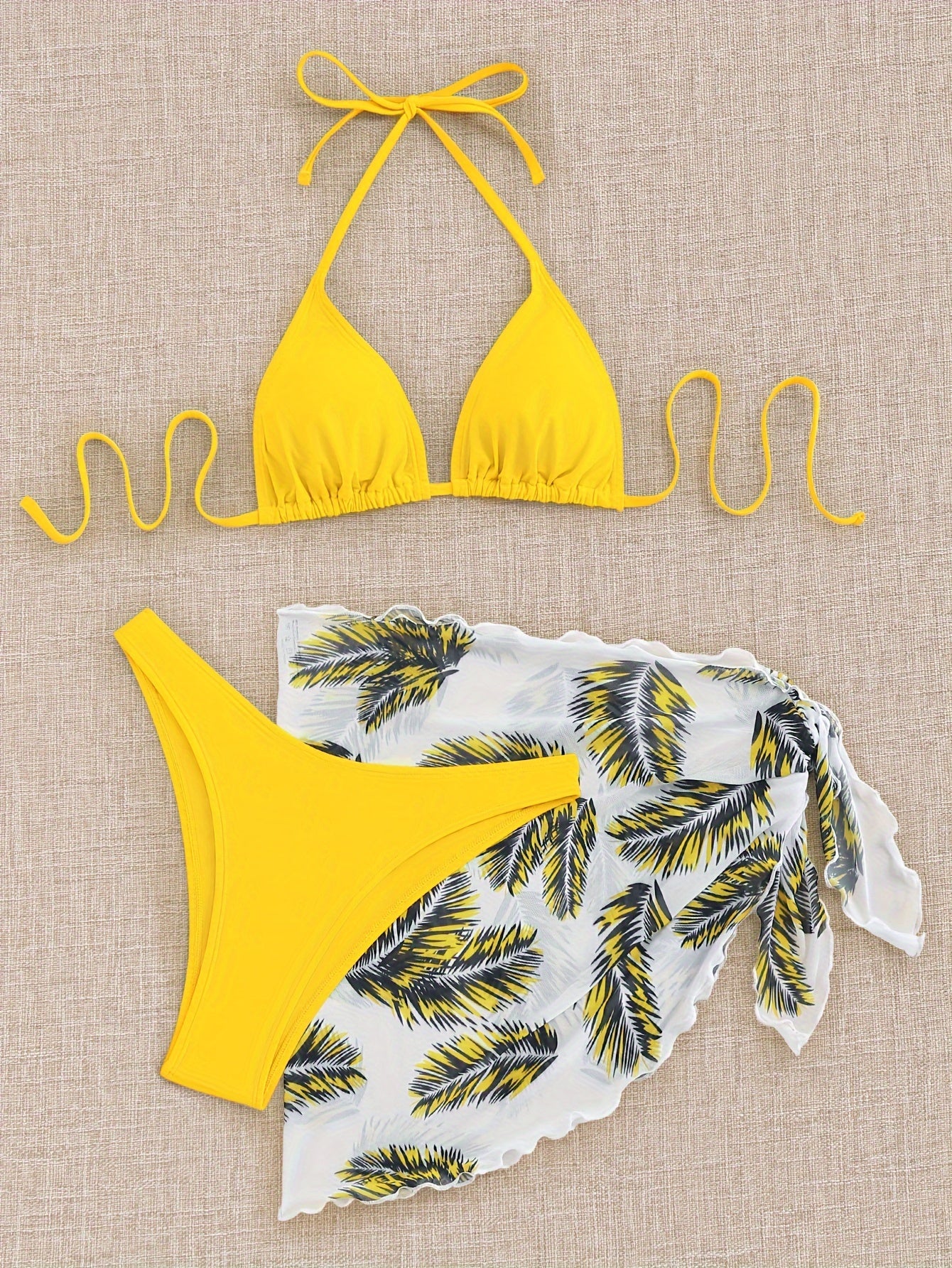 Three-Piece Bikini Set - Flattering Halter Neck Design, Ultra Quick-Drying Technology, Comfortable Four-Way Stretch Fabric - Designed for Women, Vibrant Feather Print Pattern, Matching Cover Up Skirt, Perfect for Beachwear and Poolside Fashion