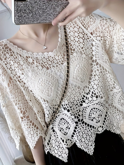 vlovelaw  Crochet Asymmetrical Hem Knitted Top, Casual Beach Wear Half Sleeve Summer Top, Women's Clothing
