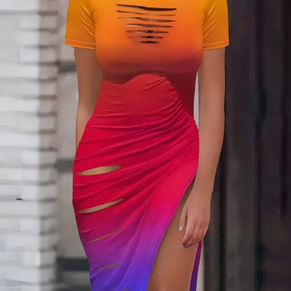 vlovelaw  Cut Out Drawstring Dress, Sexy Bodycon Split Short Sleeve Dress, Women's Clothing