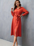 Solid Button Front Belted Dress, Elegant Long Sleeve Slim Dress, Women's Clothing