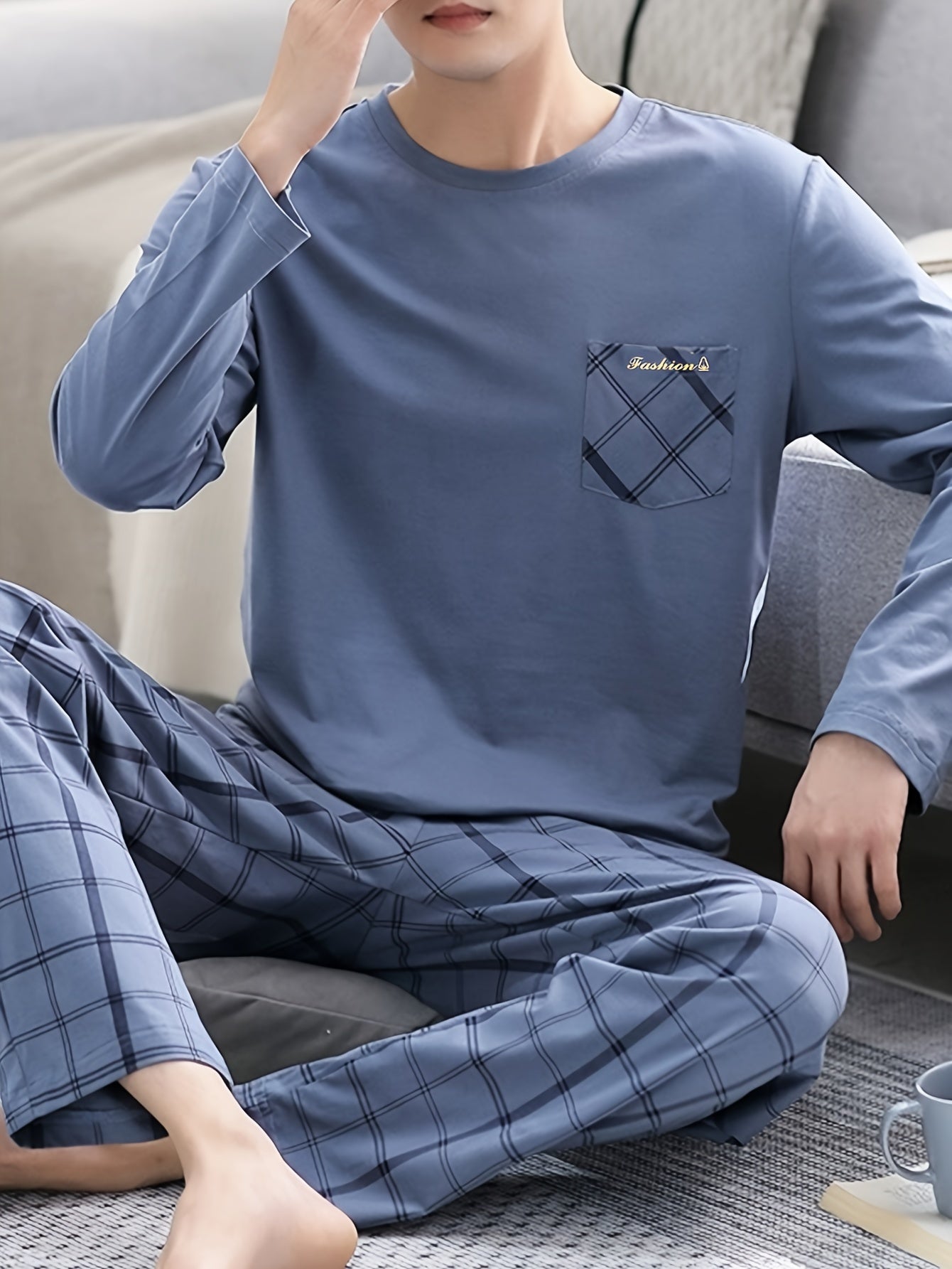 High-end 2 Pcs Men's Classic Letter Plaid Print Pocket Long Sleeve & Plaid Long Pants Pajama Set, Comfortable & Skin-friendly Pajamas For Men's Cozy Loungewear