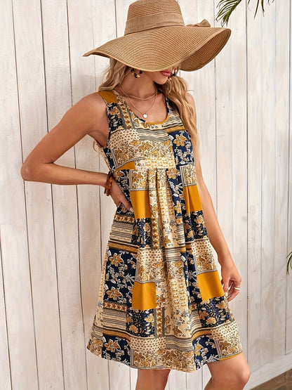 vlovelaw  Patchwork Print Crew Neck Dress, Vacation Style Sleeveless Dress For Spring & Summer, Women's Clothing