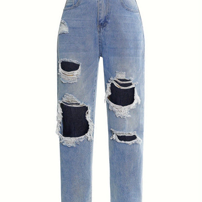 Blue Ripped Straight Jeans, Slash Pockets High Waist Distressed High Waist Denim Pants, Women's Denim Jeans & Clothing