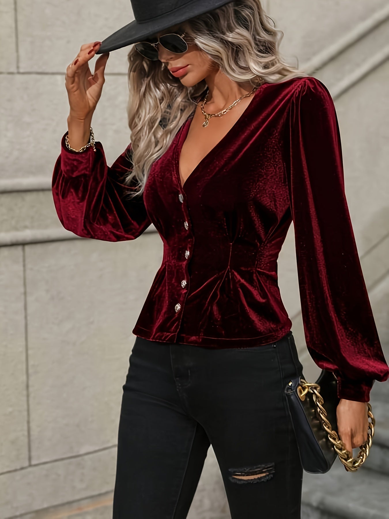 vlovelaw  Solid Button Decor Velvet V-neck Blouse, Vintage Lantern Sleeve Blouse For Spring & Fall, Women's Clothing