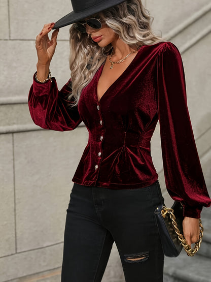 vlovelaw  Solid Button Decor Velvet V-neck Blouse, Vintage Lantern Sleeve Blouse For Spring & Fall, Women's Clothing