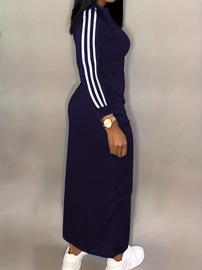 vlovelaw Striped Print Bodycon Dress, Casual Long Sleeve Maxi Dress, Women's Clothing