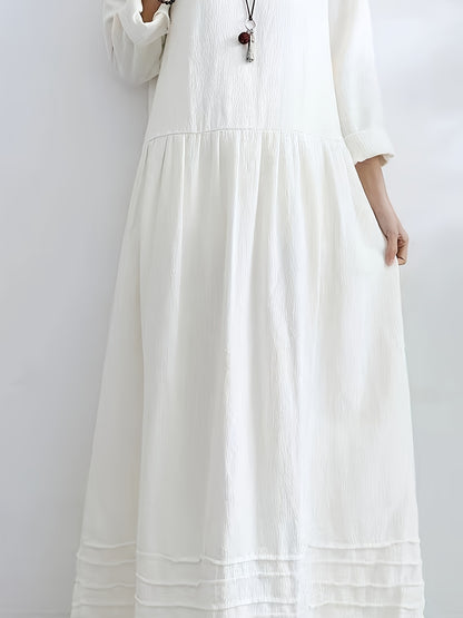 vlovelaw  Solid Plicated Detail Oversized Dress, Long Sleeve Crew Neck Casual Dress, Women's Clothing