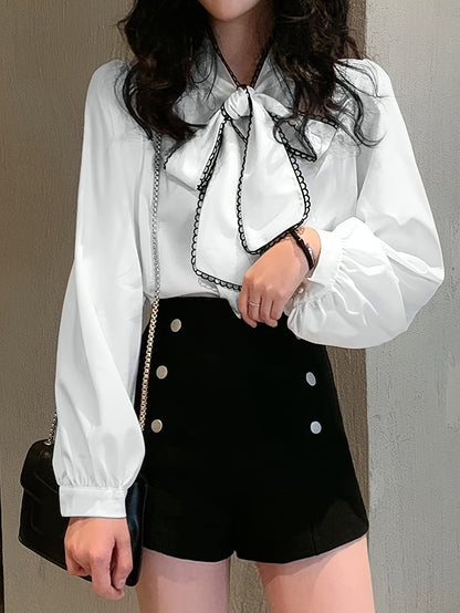 vlovelaw Contrast Trim Tie Neck Blouse, Elegant Long Sleeve Blouse For Spring & Fall, Women's Clothing