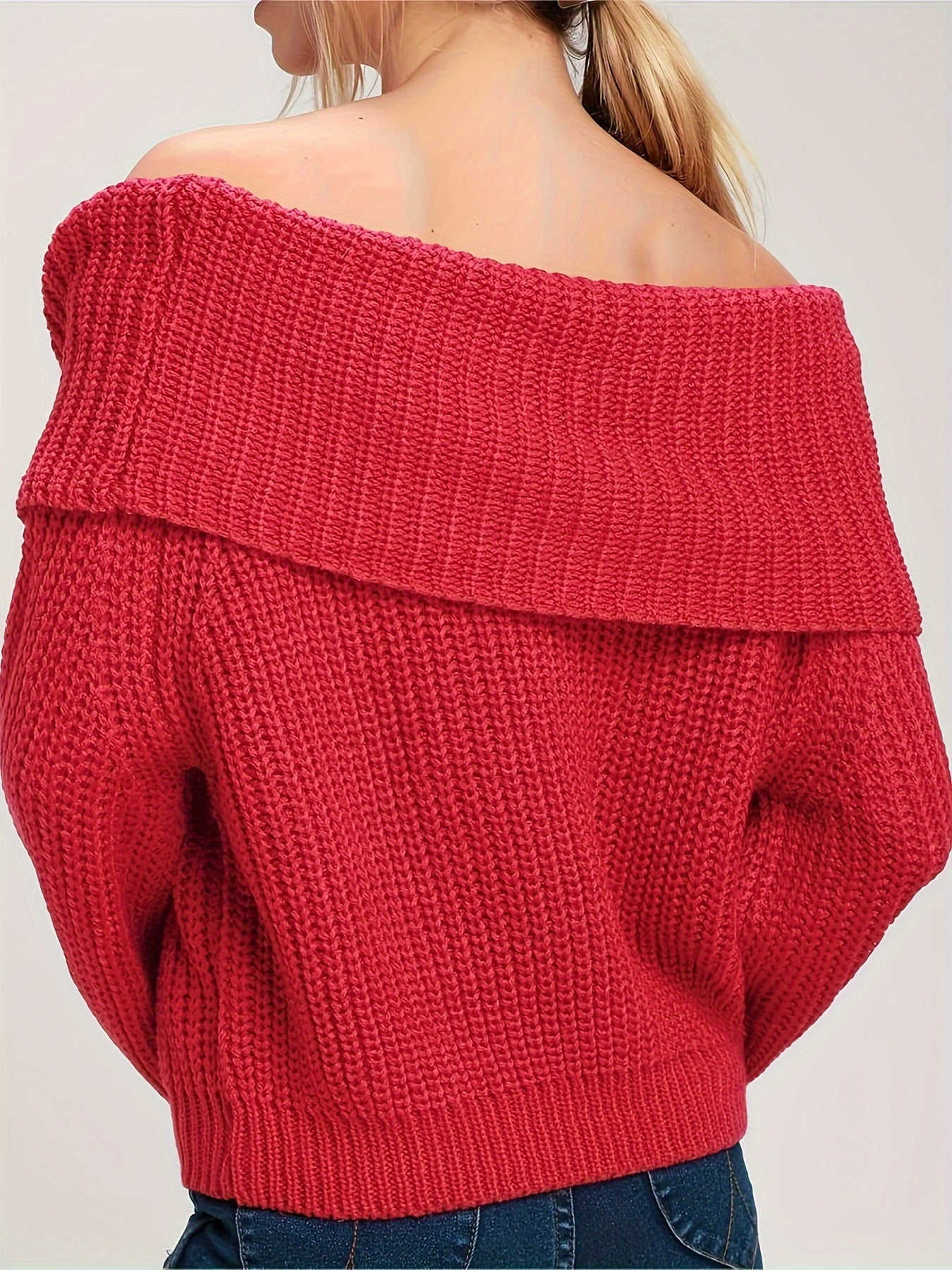 vlovelaw  Solid Off Shoulder Pullover Sweater, Casual Long Sleeve Loose Sweater, Women's Clothing