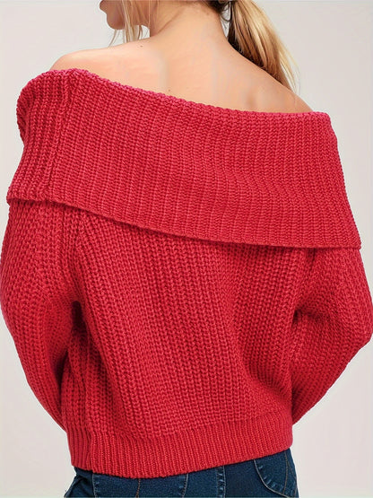 vlovelaw  Solid Off Shoulder Pullover Sweater, Casual Long Sleeve Loose Sweater, Women's Clothing