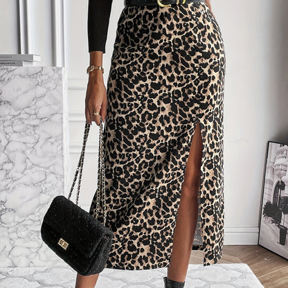 Leopard Print Split Hem Skirt, Casual High Waist Skirt, Women's Clothing