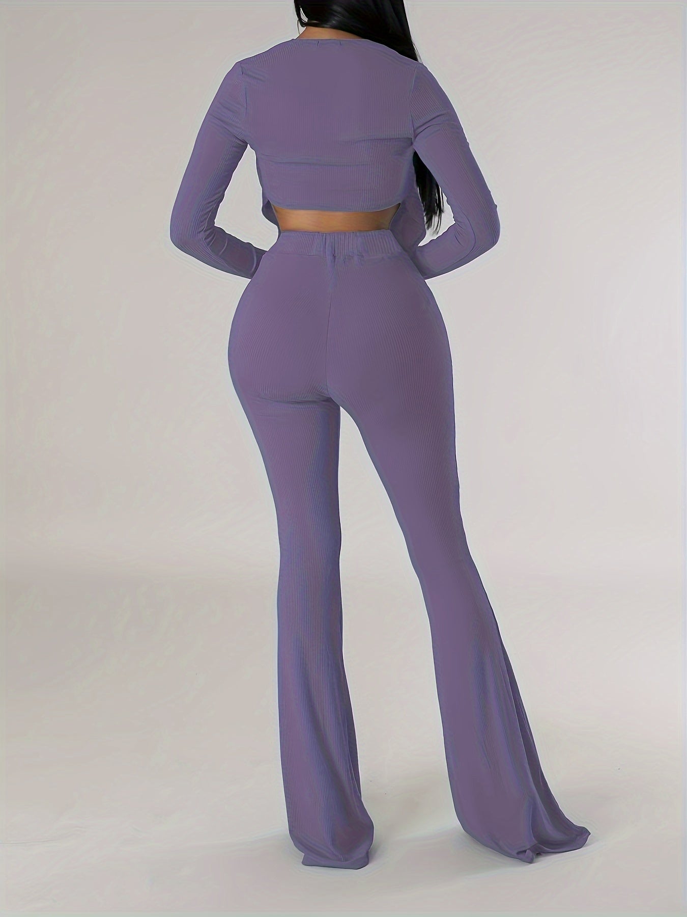 vlovelaw Solid Elegant Two-piece Set, Tie Front Long Sleeve Crop Top & Pants Outfits, Women's Clothing