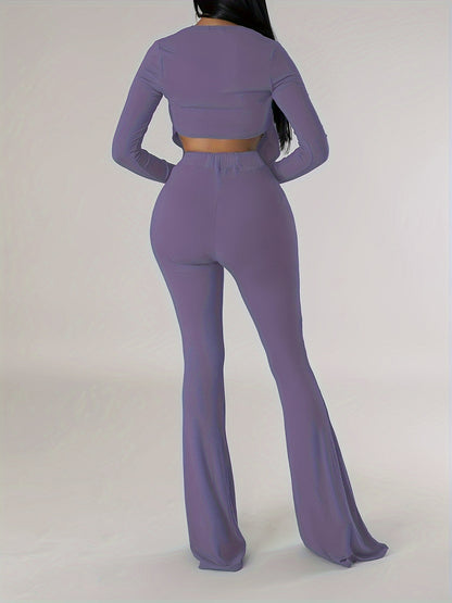 vlovelaw Solid Elegant Two-piece Set, Tie Front Long Sleeve Crop Top & Pants Outfits, Women's Clothing