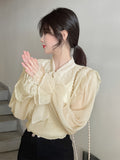 vlovelaw Solid Contrast Lace Blouse, Elegant Tie Neck Long Sleeve Blouse, Women's Clothing