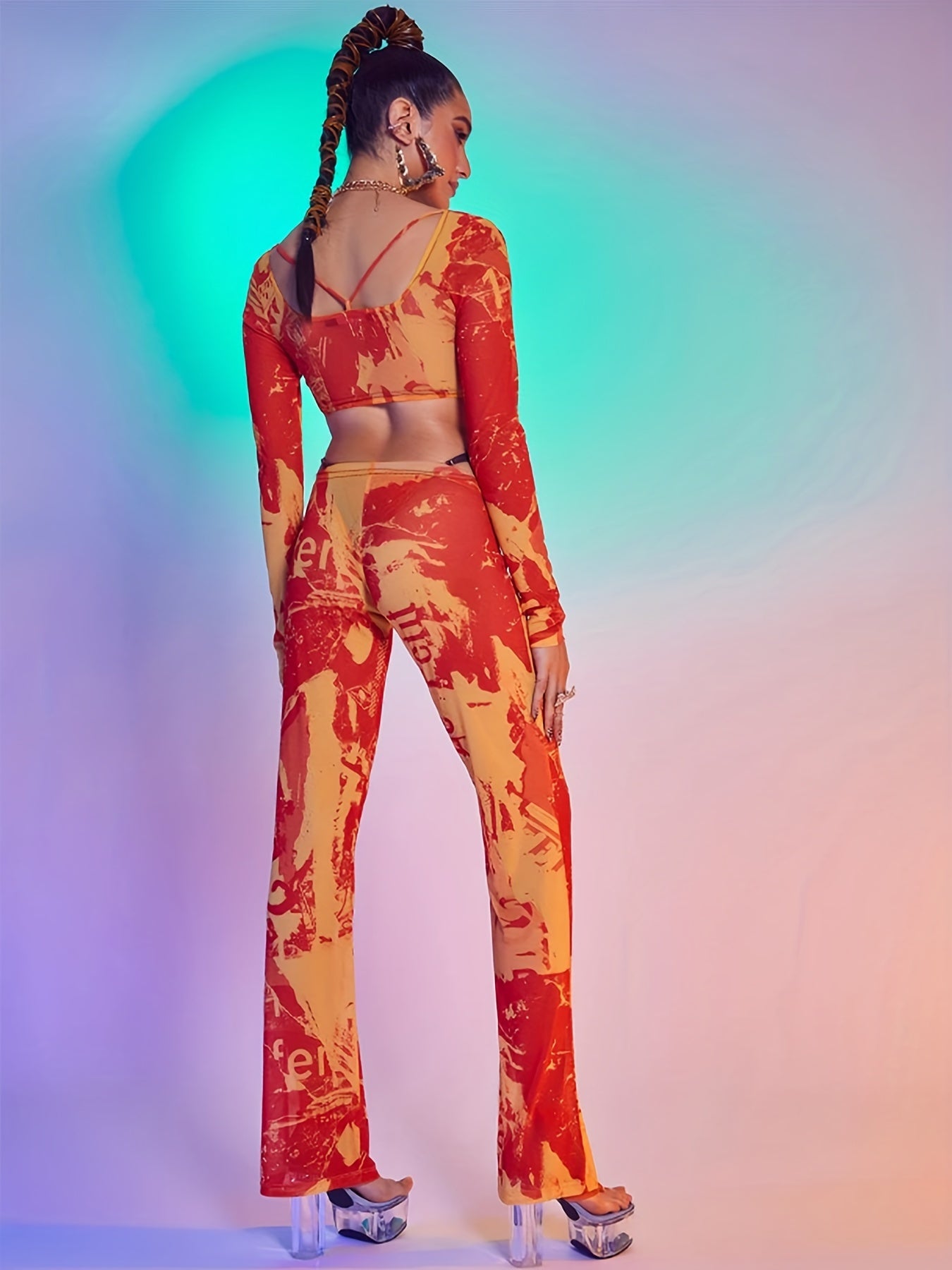 vlovelaw  Y2K Tie Dye Print Two-piece Pants Set, Long Sleeve Tie Front Cut Out T-shirt & Skinny High Waist Pants Outfits, Women's Clothing