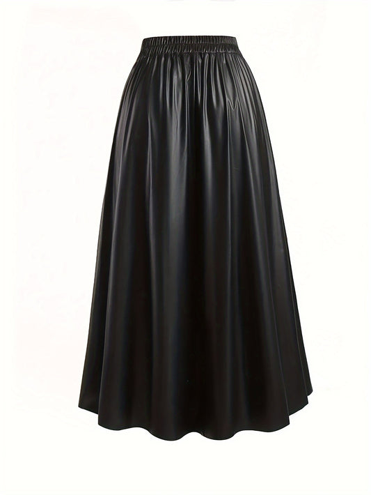 vlovelaw  Plus Size Street Style Skirt, Women's Plus Solid PU Leather Elastic High Rise Maxi Skirt With Pockets