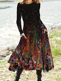 Allover Print Maxi Dress, Casual Crew Neck Long Sleeve Dress, Women's Clothing