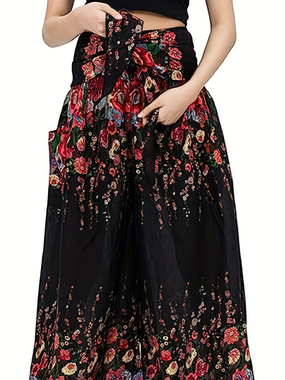 Plus Size Boho Pants, Women's Plus Floral Print High Rise Wide Leg Trousers With Belt