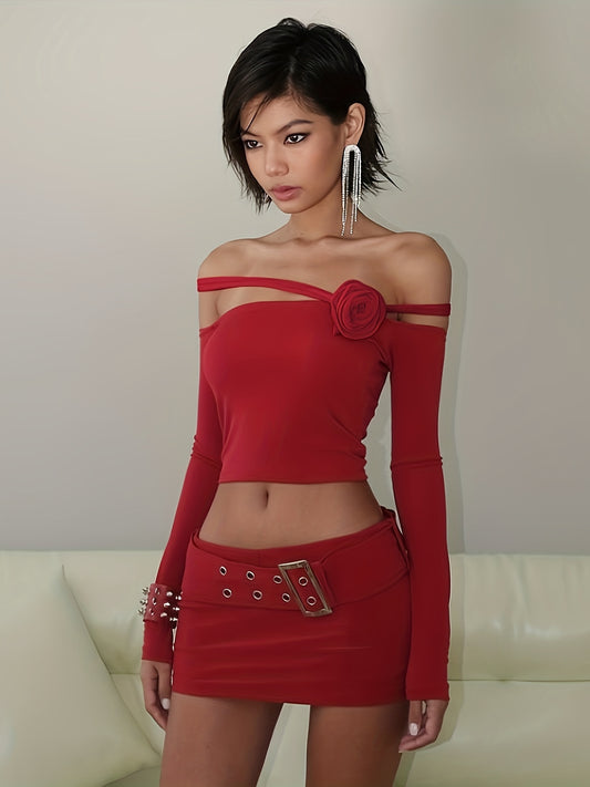 vlovelaw Solid Off Shoulder Stereo Flower T-shirt, Y2K Long Sleeve Asymmetric Sexy Top, Women's Clothing