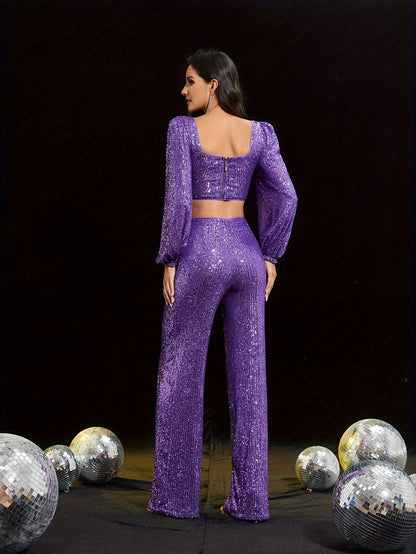 vlovelaw  Sequin Elegant Two-piece Set, Zip Back Square Neck Long Sleeve Top & Pants Outfits, Women's Clothing