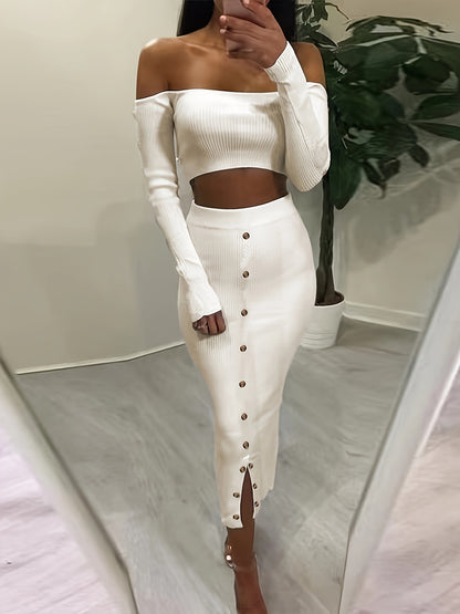 vlovelaw  Solid Color Two-piece Skirt Set, Off Shoulder Long Sleeve Crop Top & Button Decor Split Skirt Outfits, Women's Clothing