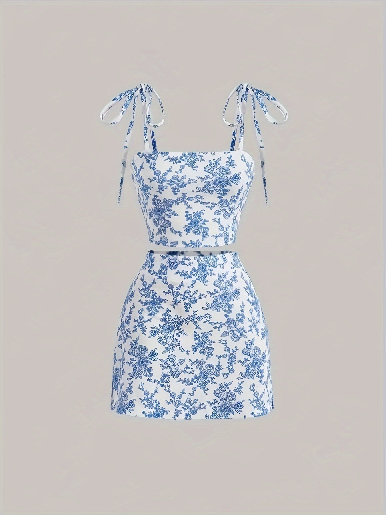 vlovelaw  Floral Print Elegant Skirt Set, Tie Shoulder Crop Cami Top & High Waist A-line Bodycon Mini Skirt Outfits, Women's Clothing