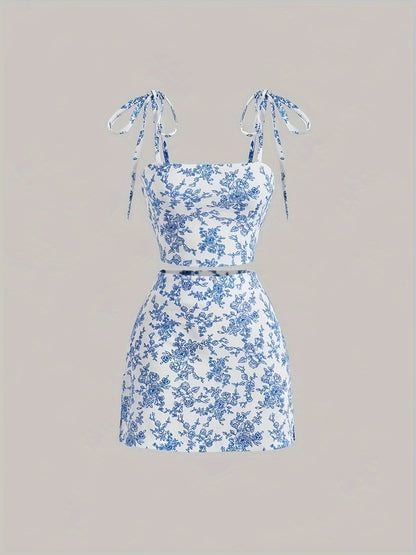 vlovelaw  Floral Print Elegant Skirt Set, Tie Shoulder Crop Cami Top & High Waist A-line Bodycon Mini Skirt Outfits, Women's Clothing