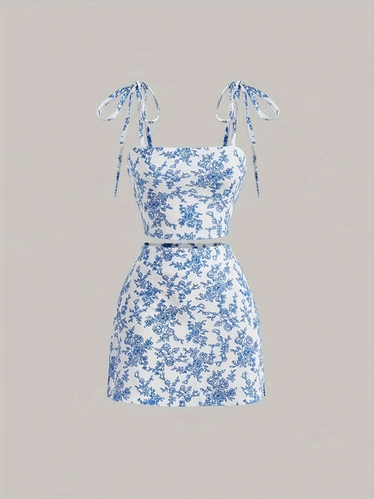 vlovelaw  Floral Print Elegant Skirt Set, Tie Shoulder Crop Cami Top & High Waist A-line Bodycon Mini Skirt Outfits, Women's Clothing