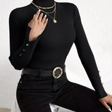 vlovelaw  Solid Turtle Neck Slim Pullover Sweater, Casual Long Sleeve Fake Button Sweater For Fall & Winter, Women's Clothing