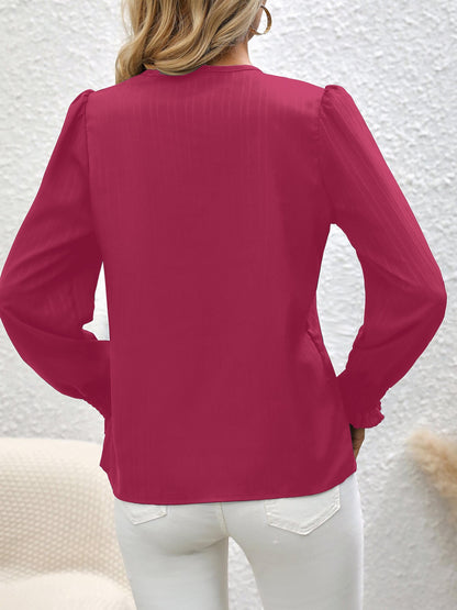 vlovelaw  Stripe Textured V Neck Blouse, Casual Lettuce Cuff Long Sleeve Top For Spring & Fall, Women's Clothing