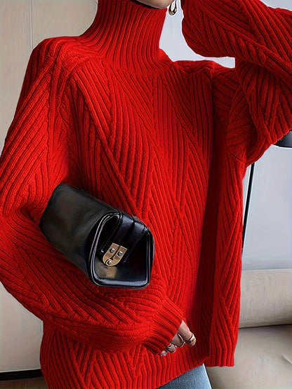 vlovelaw Solid High Neck Knit Sweater, Casual Long Sleeve Pullover Sweater For Fall & Winter, Women's Clothing