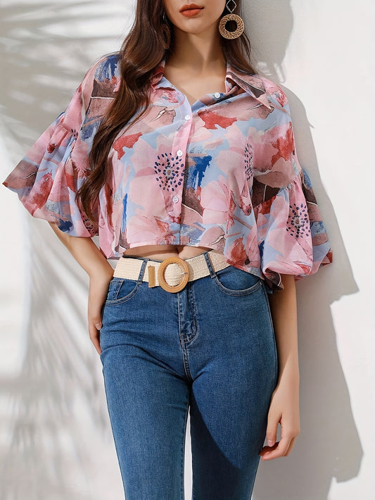 vlovelaw Floral Print Button Up Blouse, Elegant Flare Sleeve Lapel Collar Blouse, Women's Clothing