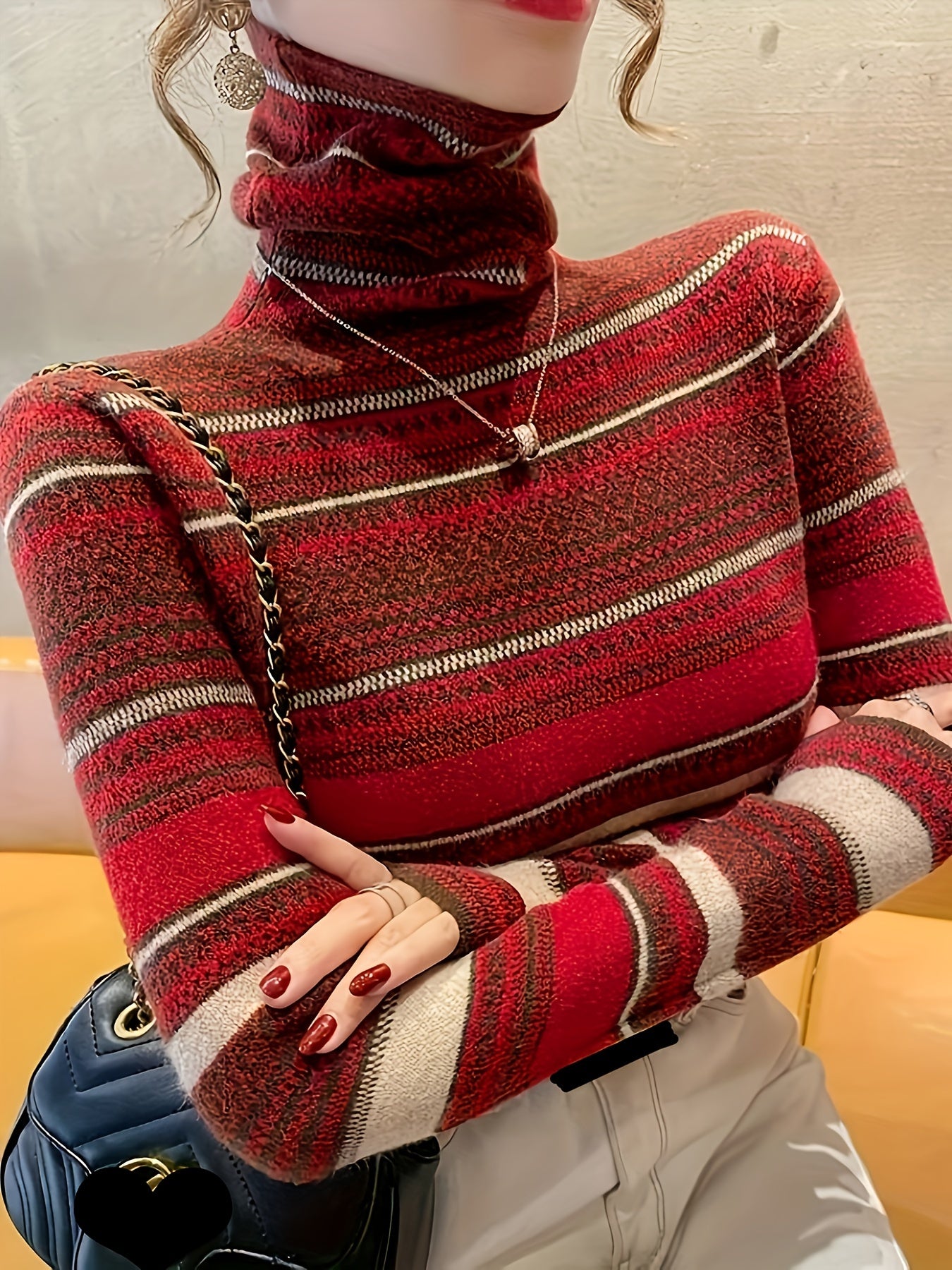 vlovelaw Stripes Print Turtle Neck Pullover Sweater, Elegant Long Sleeve Knitted Sweater For Fall & Winter, Women's Clothing