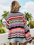 vlovelaw Hollow Striped Knit Sweater, Casual Crew Neck Long Sleeve Sweater, Women's Clothing