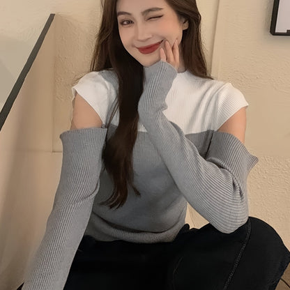 vlovelaw  Color Block Mock Neck Pullover Sweater, Casual Cold Shoulder Long Sleeve Stylish Sweater, Women's Clothing