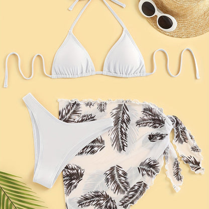 Three-Piece Bikini Set - Flattering Halter Neck Design, Ultra Quick-Drying Technology, Comfortable Four-Way Stretch Fabric - Designed for Women, Vibrant Feather Print Pattern, Matching Cover Up Skirt, Perfect for Beachwear and Poolside Fashion