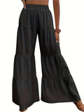 vlovelaw  Solid Elastic Waist Wide Leg Pants, Casual Ruffle Hem Pants For Spring & Fall, Women's Clothing
