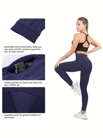 Women's Fleece Lined Yoga Leggings With Pockets, High Waisted Winter Thermal Running Pants, Hiking Workout Tights