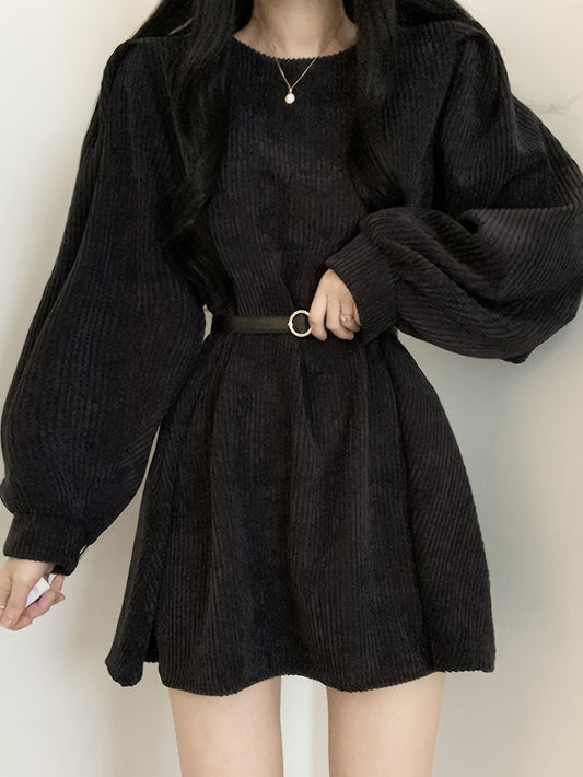 vlovelaw Solid Crew Neck Corduroy Dress, Casual Lantern Sleeve Belt Dress For Spring & Fall, Women's Clothing
