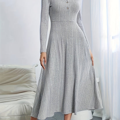vlovelaw  Solid Textured Button Front Dress, Elegant Long Sleeve Dress For Spring & Fall, Women's Clothing