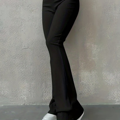 Solid Ribbed Flare Leg Pants, High Waist Slim Elastic Pants, Women's Clothing