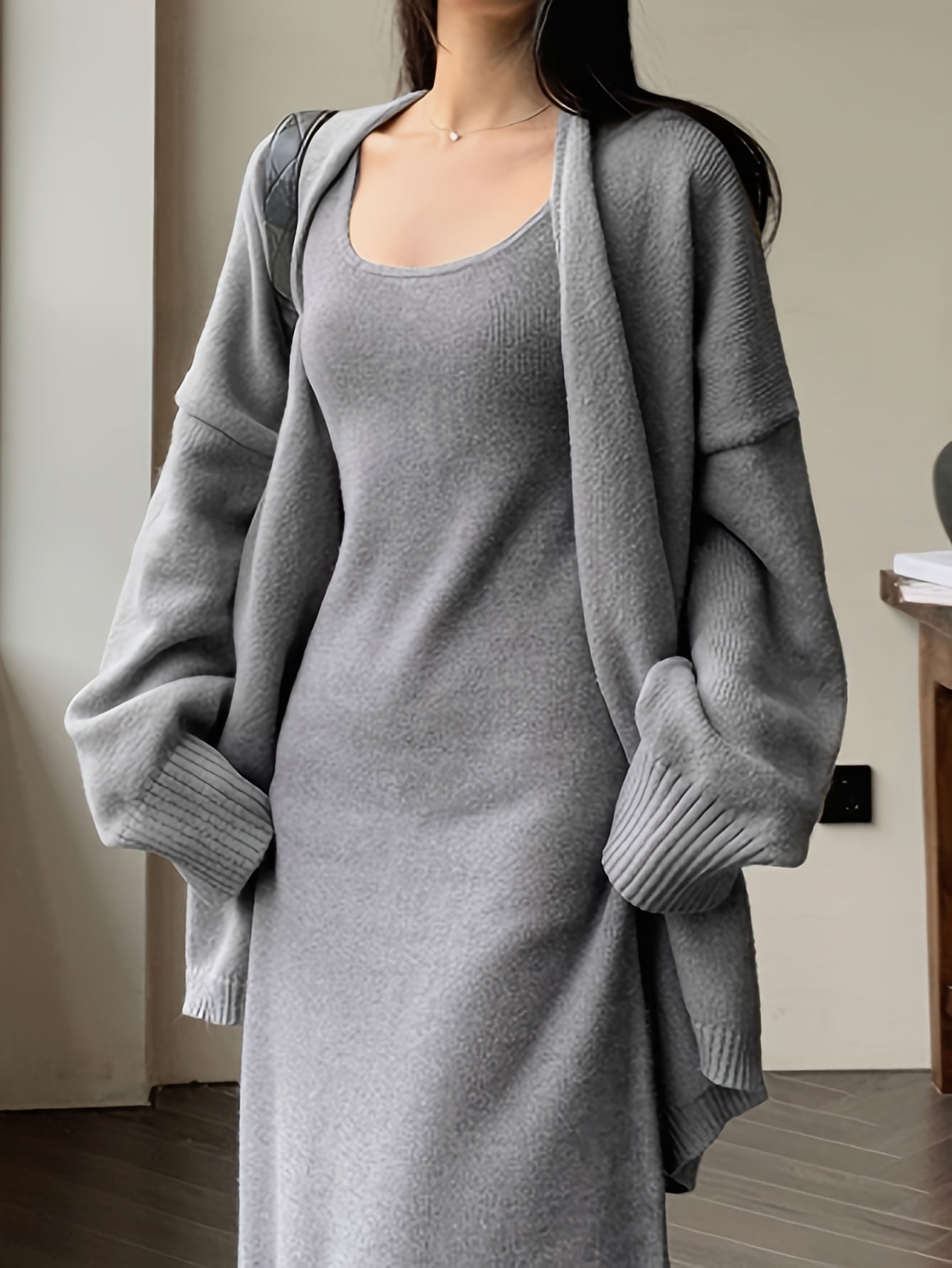 vlovelaw  Solid Drop Shoulder Loose Cardigan, Casual Long Sleeve Cardigan For Fall & Winter, Women's Clothing