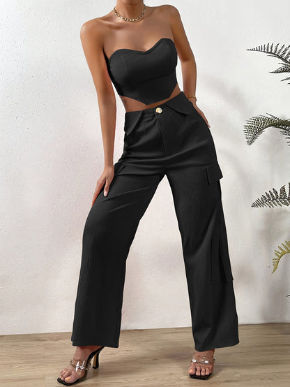 vlovelaw Solid Color Two-piece Set, Tie Back Tube Top & Pants Outfits, Women's Clothing