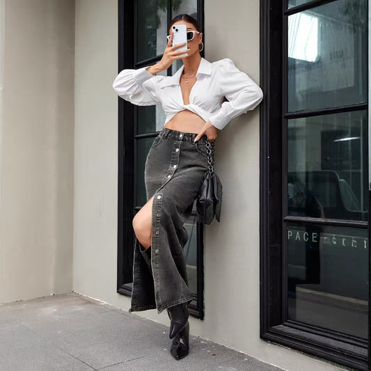 vlovelaw  Single Breasted Button Split Denim Midi Skirt, Slant Pockets Non-Stretch Denim Skirt, Women's Denim Clothing