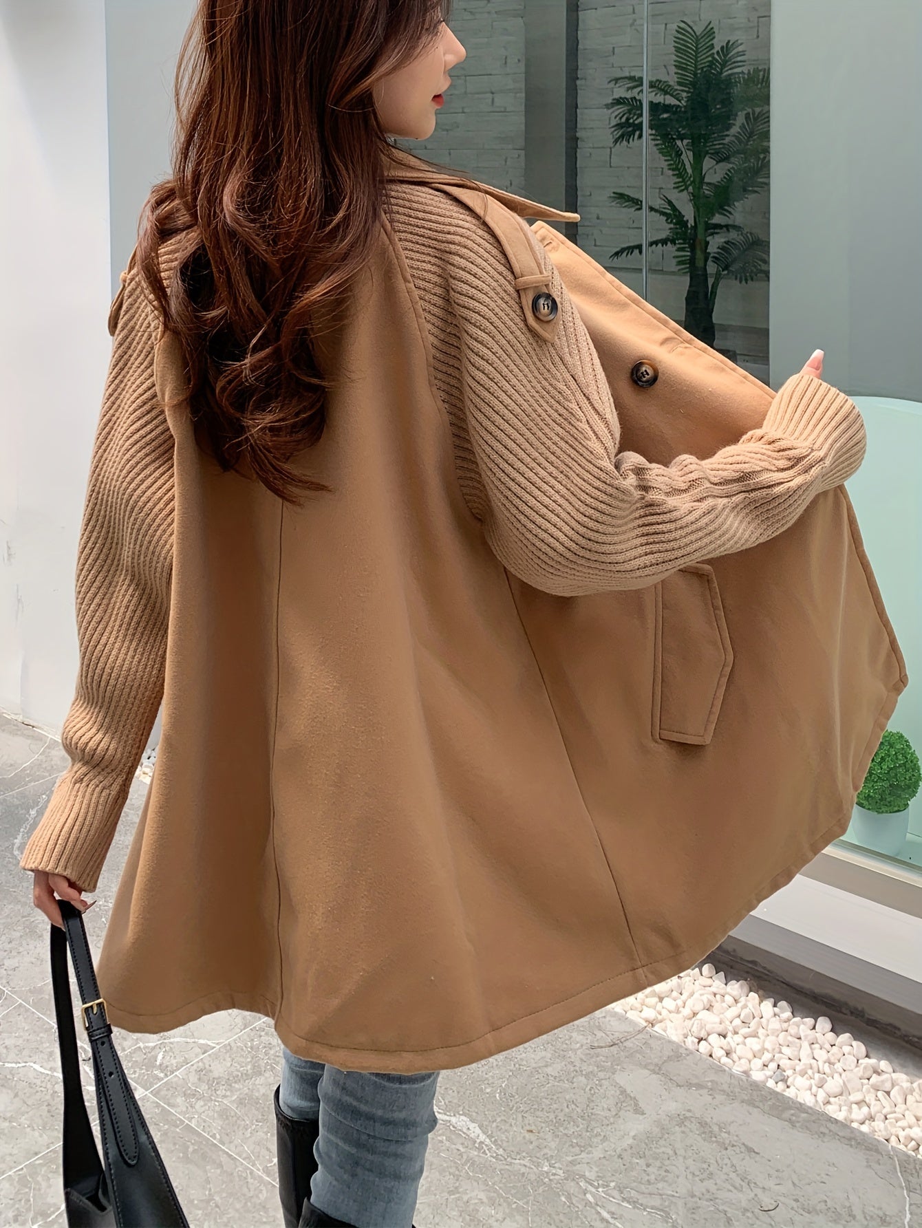 Solid Double Breasted Loose Overcoat, Versatile Long Sleeve Splicing Outwear For Fall & Winter, Women's Clothing