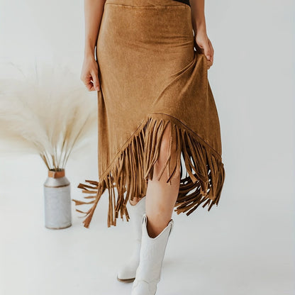 Tassel High Waist Skirts, Vintage Solid Midi Skirts For Spring & Fall, Women's Clothing